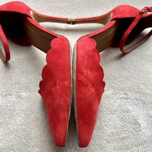 Minelli Spain Red Suede Scalloped Edge Pump Heel Ankle Strap Women EU 38 US 7.5 - Picture 15 of 16